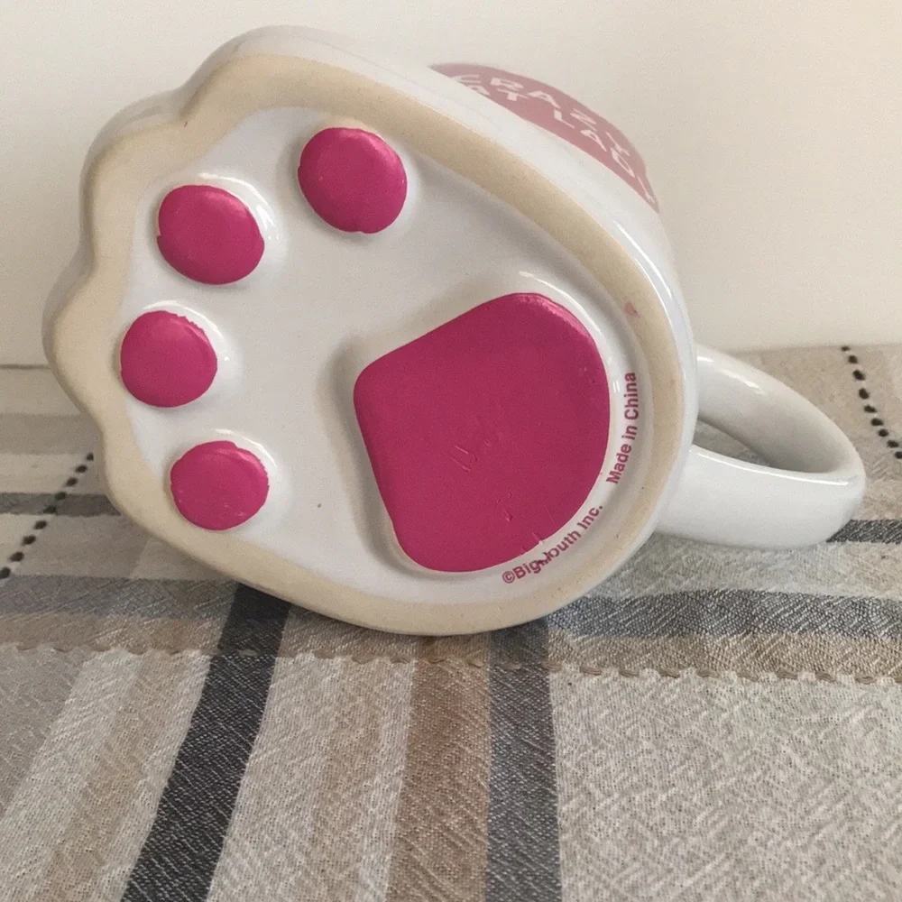 Big Mouth Crazy Cat Lady Cat Paw Coffee Tea Ceramic Mug White Pink 20oz Drink - Picture 7 of 11